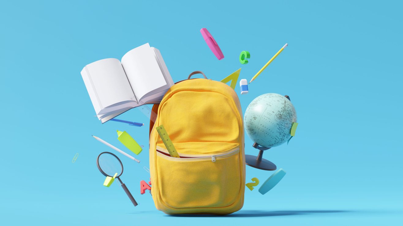 Yellow,Backpack,With,School,Supplies,On,Blue,Background.,Education,Concept.